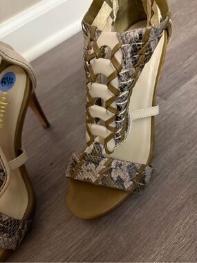 Cole Haan Beige and Brown Snakeskin Braided High Heel Sandals
